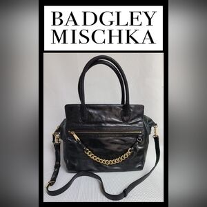 SOLD Badgley Mischka Black Vegan Leather Tote Bag + Gold Chain Like New
